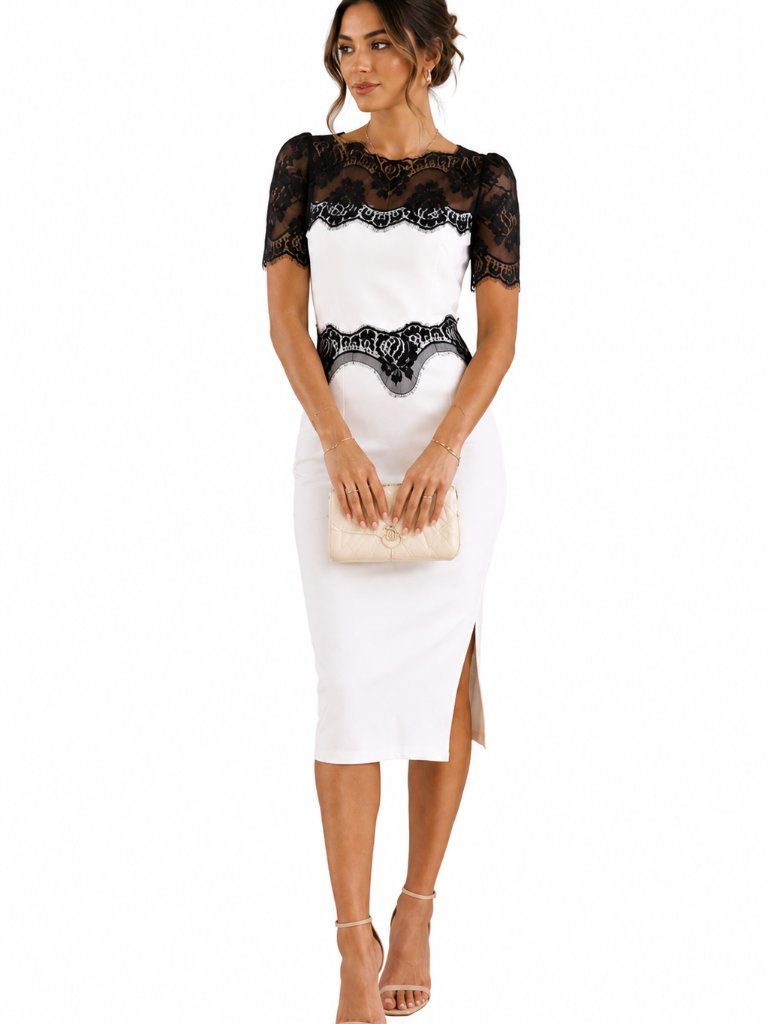 Women's Beulah White Midi Dress Black Lace Overlay Size M New With Tags